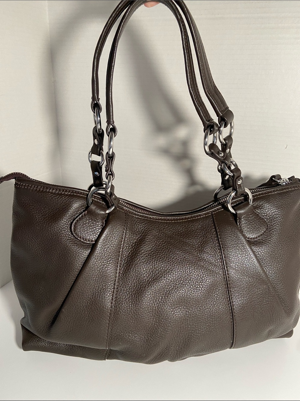 Danier Leather Handbag in a thick chocolate brown leather and dust bag.